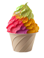 Tasty colorful ice cream cup with syrups and fruits on transparent background png