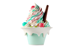 Tasty colorful ice cream cup with syrups and fruits on transparent background png