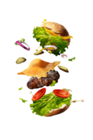 Tasty flying hamburger isolated on transparent background png