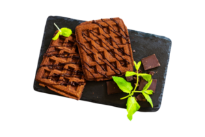 Chocolate Belgian waffles with chocolate topping on transparent background png