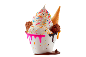 Tasty colorful ice cream cup with syrups and fruits on transparent background png