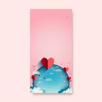 3D Render, Red Paper Cut Heart Shapes With Blue Round Shape, Clouds On Pastel Pink Background And Copy Space For Love Or Valentine Concept photo