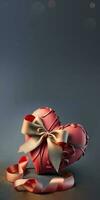 3D Render, Matte Red Heart Shape Wrapped With Bronze Bow Silk Ribbon. photo