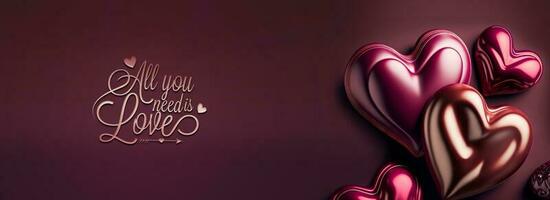 All You Need Is Love Text With 3D Render Glossy Colorful Heart Shapes. photo