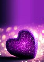 3D Render of Shiny Purple Glittery Heart Shape On Bokeh Lighting Background. Love Concept. photo