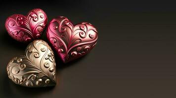 3D Render, Bronze And Copper Ethnic Hearts Shapes. photo