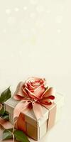 3D Render Of Soft Color Gift Box With Rose. Valentine's Day Concept. photo
