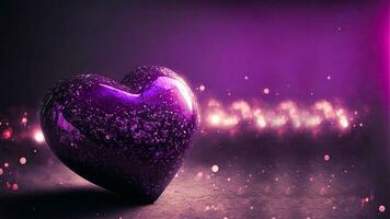 3D Render of Shiny Purple Glittery Heart Shape On Lighting Background. Love Concept. photo