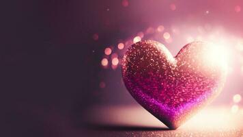 3d prestar, brillante reluciente corazón forma en dorado y rosado bokeh Encendiendo fondo amor concepto. foto