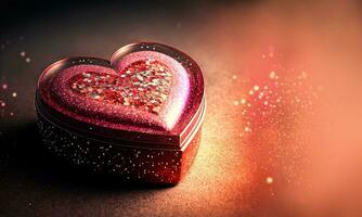 3D Render, Shiny Red Glittery Heart Shape Metal Box On Sparkle Lights Background. Valentine's Day Concept. photo