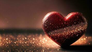 Shiny Red Glittery Heart Shape On Flare Lighting Background. 3D Render. photo