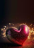 Shiny Red Glittery Heart Shape On Bokeh Light Background. 3D Render. photo