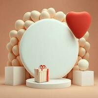 3D Render of Circular Frame Decorated With Balloons On Podium And Gift Box. photo