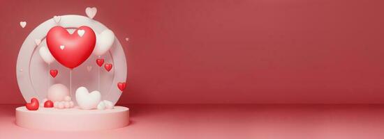 3D Render of Red And White Heart Shape Balloons Against Circular Podium And Copy Space. Love Concept. photo