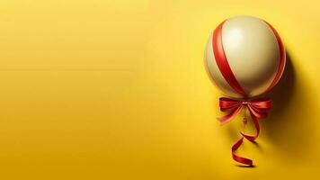 Realistic Glossy Balloon With Red Ribbon Against Yellow Background. 3D Render. photo