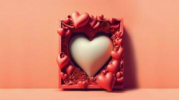 3D Render, Red Vintage Square Frame With Heart Shapes. Valentine's Day Concept. photo