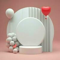 3D Render, Presented Circular Frame On Podium With Balloons. photo