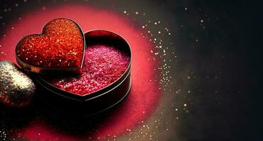 3D Render, Hearts Shape Metal Boxes Full of Glitters Against Lighting Background. Valentine's Day Concept. photo