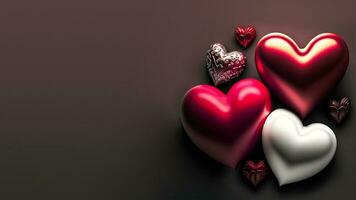 Glossy Colorful Hearts Shapes On Charcoal Background. 3D Render. photo