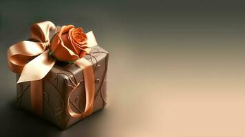 3D Render, Glossy Bronze Gift Box With Orange Rose. photo