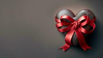 3D Render, Grey Heart Shape Wrapped With Red Silk Ribbon. photo