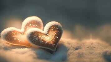 3d hacer de brillante corazones en nieve antecedentes. amor concepto. foto