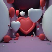 3D Render of Room Interior Decorative With Matte Heart and Balloons. photo