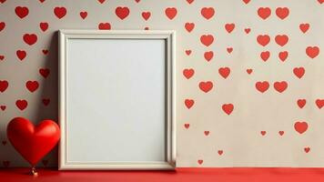 3D Render, Photo Frame With Space For Image Against Red Tiny Hearts Wall And Shiny Heart Stand.
