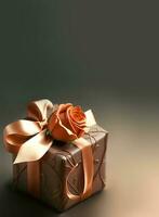 3D Render, Glossy Bronze Gift Box With Orange Rose. photo