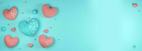 3D Render, Pastel Blue And Red Heart Shapes, Circles And Copy Space. photo