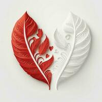 Creative Two Paper Feathers Heart Shape In White And Red Color. photo