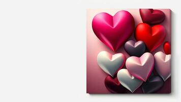 3D Render of Glossy Colourful Paper Heart Shapes On Pastel Pink Background. photo