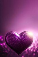 3D Render of Shiny Purple Glittery Heart Shape On Bokeh Lighting Background. Love Concept. photo