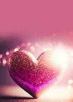3d prestar, brillante reluciente corazón forma en dorado y rosado bokeh Encendiendo fondo amor concepto. foto