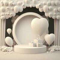 3D Render, Circular Frame With Gift Boxes On Podium With Balloons. photo
