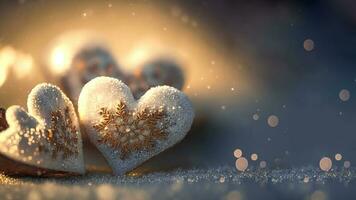 3D Render of Shiny Glittery Hearts With Golden Snowflakes On Bokeh Background. Love Concept. photo
