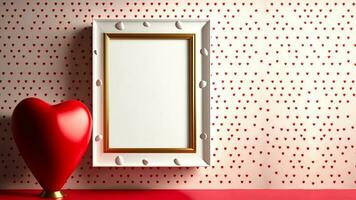 3D Render, White And Golden Photo Frame With Space For Image Against Red Tiny Hearts Wall And Shiny Heart Stand. Love Concept.