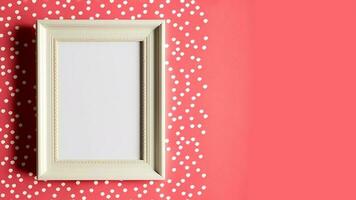 3D Render, Realistic Photo Frame With Image Placeholder Against Dotted Pattern Red Wall.