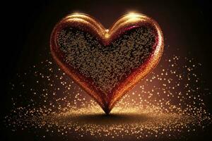 Shiny Glittery Heart Shape On Golden Lighting Backgorund. 3D Render. photo