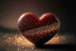 Shiny Red Glittery Heart Shape On Flare Lighting Background. 3D Render. photo