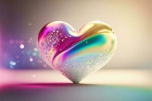 3D Render Of Shiny Colorful Glittery Heart Shape On Rainbow Background. photo