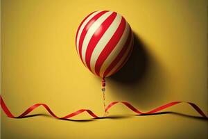 Red And White Stripe Balloon With Curly Ribbon Against Yellow Background. 3D Render. photo
