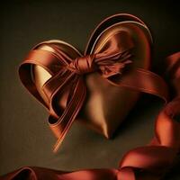 3D Render, Glossy Copper Heart Shape Wrapped With Silk Ribbon. photo