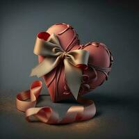 3D Render, Matte Red Heart Shape Wrapped With Bronze Bow Silk Ribbon. photo