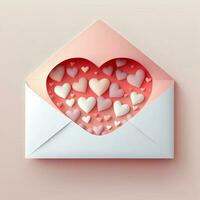 3D Render o Soft Color Paper Hearts Inside Envelope. photo