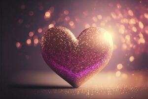 3D Render, Shiny Glittery Heart Shape On Golden And Pink Bokeh Lighting Backgorund. Love Concept. photo