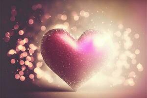3d prestar, brillante rosado reluciente corazón forma en bokeh fondo amor concepto. foto