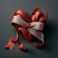 Realisitc Red Silk Ribbon Forming Heart Shape On Grey Background. photo