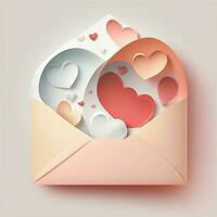 3D Render, Soft Color Paper Hearts Inside Envelope. photo