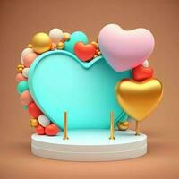 3D Rendering Heart Shape Frame Decorated With Balloons on Podium. photo